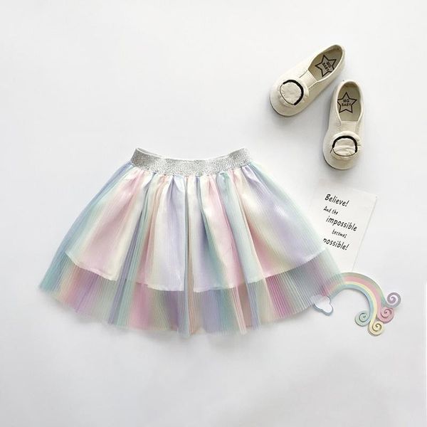 

children girls lovely rainbow color mesh fluffy loose pleated elastic band princess skirt skirts, Blue