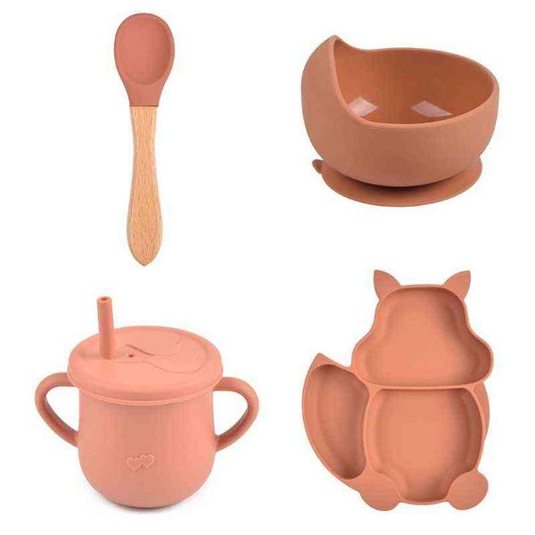 

4 pcs baby silicone squirrel divided dinner plate sucker bowl spoon straw cup g1210