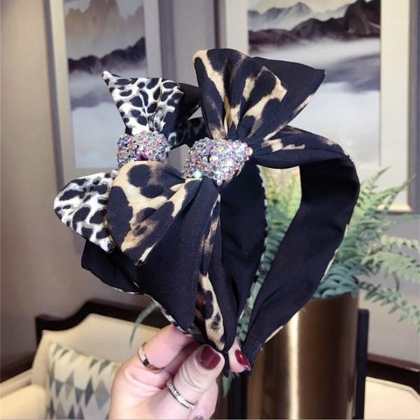 

high-end hair accessories leopard double-layer bow headband with rhinestone super flash wide side wild band women1