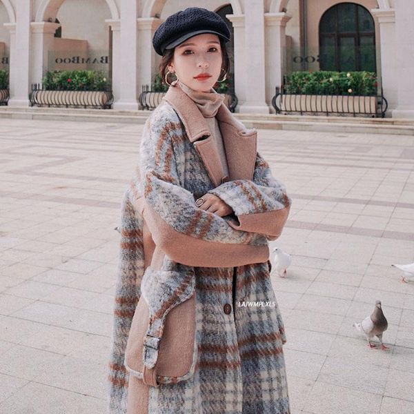 

women's wool & blends 2021 winter elegant plaid women fashion woolen coats ladies casual turn-down collar female warm outwear nz13, Black