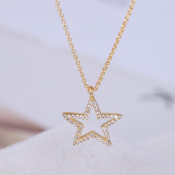 

chains european and american star shining hollow pentagram diamond-embedded simple all-match pendant necklace, Silver