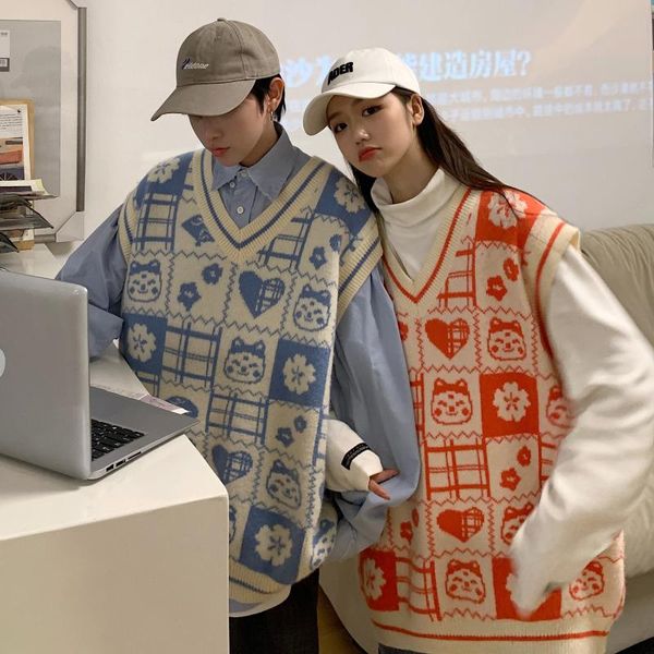 

men's vests v-neck vest couple sweater wool cartoon, Black;white