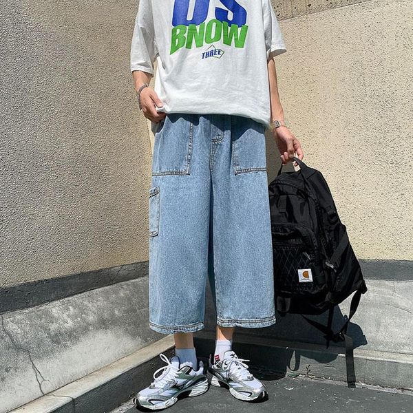 

men's jeans summer pants loose straight-leg student korean wide-leg trend calf-length trousers, Blue