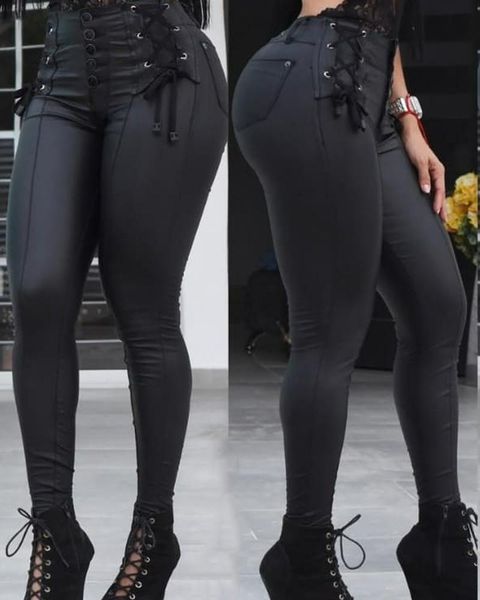 

women's pants & capris women casual high waist button design pencil fashion grommet eyelet lace-up pocket skinny 2021 woman clothes, Black;white