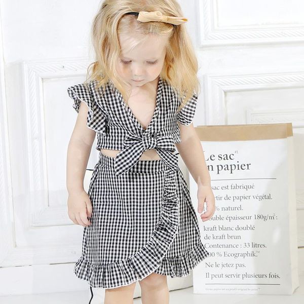 

baby girl summer clothes set butterfly plaid print small sleeve irregular skirt toddler outfits two piece clothing sets, White