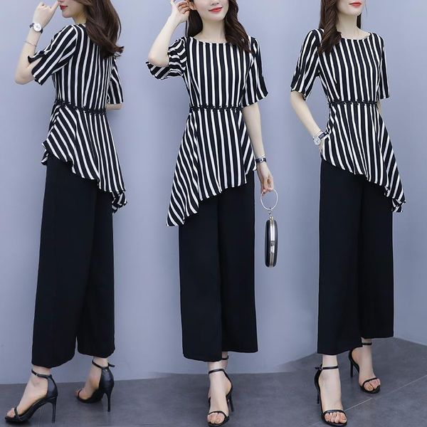 

women's two piece pants 2021 women spring summer middle aged causal 2 set lady irregular striped wide leg pant suit female plus size e, White