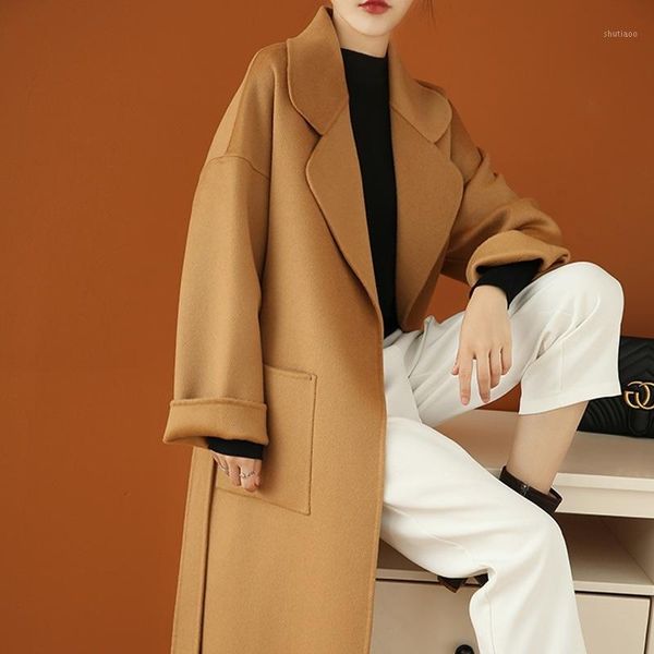 

women's wool & blends autumn and winter double-sided tweed medium long temperament british style lace up coat woolen, Black