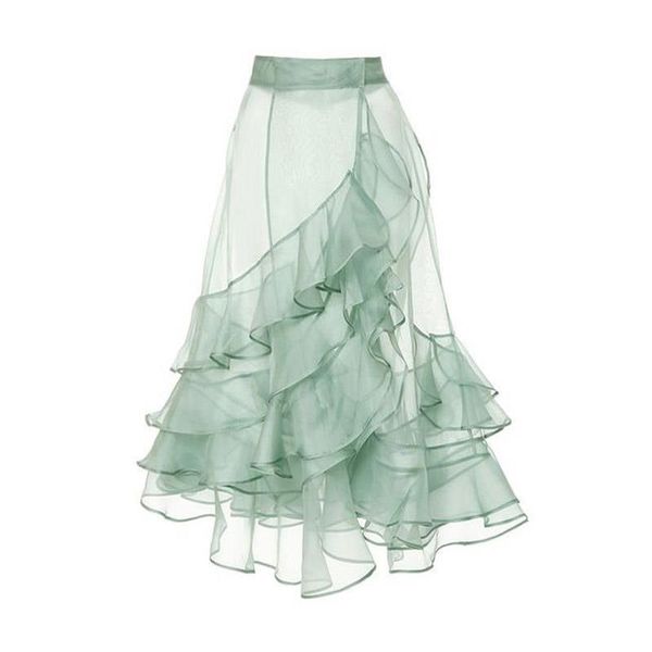 

mint green see thru womens skirts mermaid tulle zipper ruffles tiered mid calf wrap skirt maxi summer, Black
