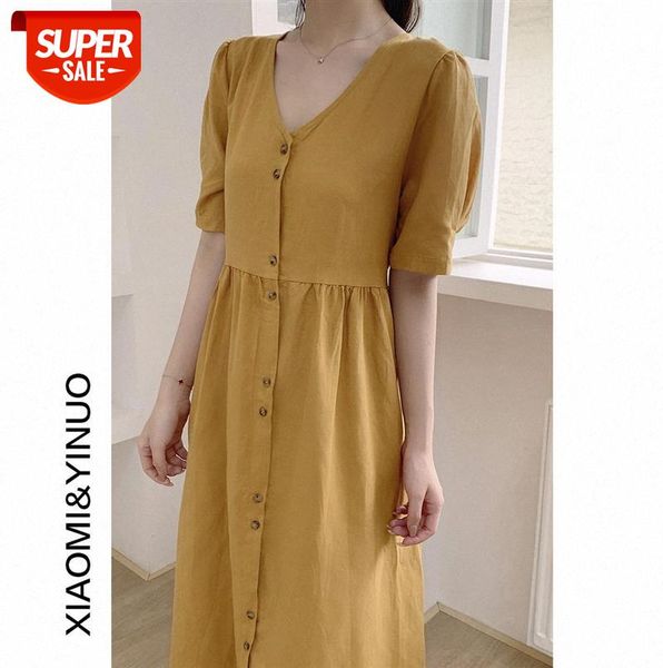 

[ou fan] 7931 cotton and linen dress women's waist slimming short-sleeved v-neck buttoned skirt #yf1z, Black;gray