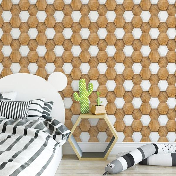 

wallpapers self adhesive wallpaper waterproof hexagon shape wood grain pattern wall floor stickers for kitchen living room paper 3d