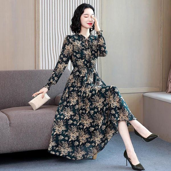 

women 2021 spring autumn elegant floral print dress lace up female pleated dresses ladies party midi chiffon vestidos femme s978 casual, Black;gray