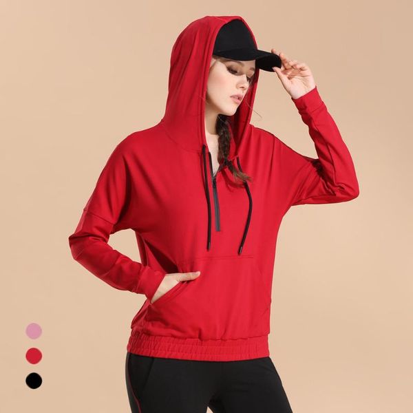 

hooded women yoga shirt workout breathable pockets gym fitness running sport shirts quick dry jacket clothes outfit
