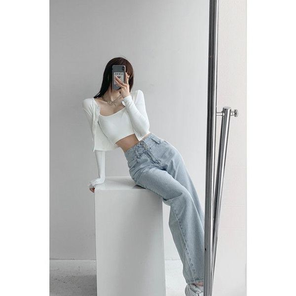 

women's jeans retro high waist three breasted straight loose slimming and all-matching wide leg pants fashion, Blue