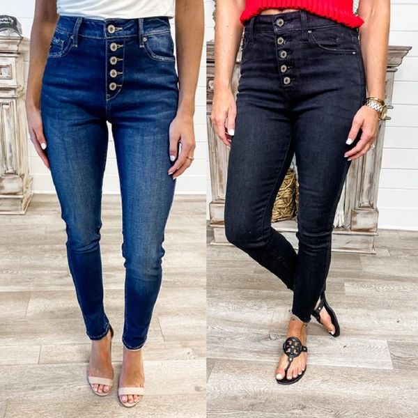 

women's jeans european and american slim high waist stretch breasted with small feet, Blue