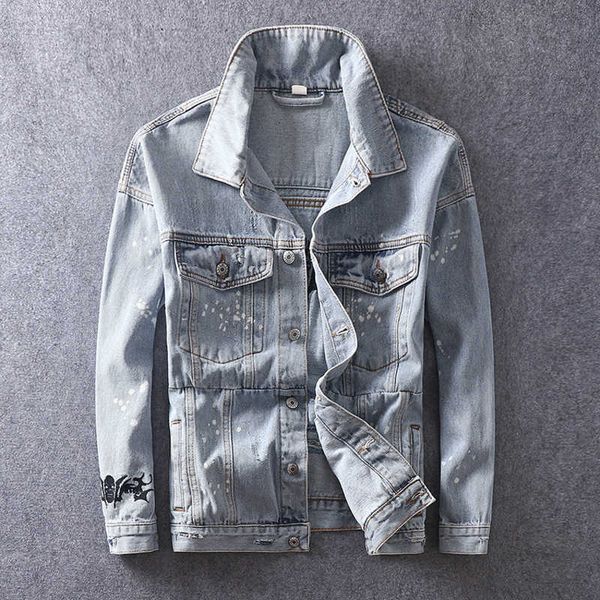 

men's jackets fashion streetwear retro blue devil embroidery designer denim hip hop men style ripped chaqueta xhnl t9d9, Black;brown