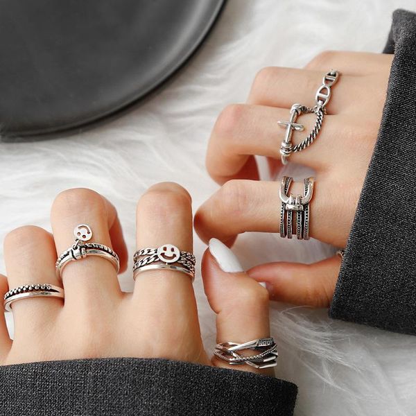 

sterling silver rings for women retro smile hip hop ring fashion personality multi layer jewelry wholesale cluster, Golden;silver