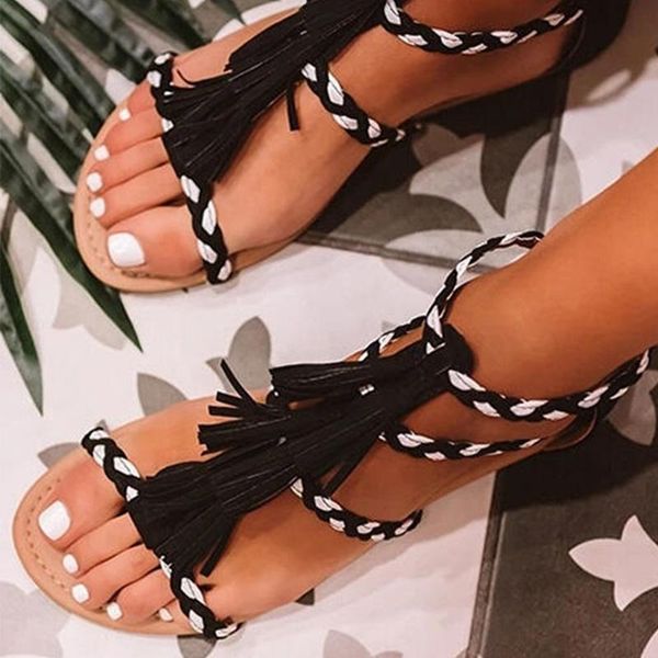 

women flat sandals summer ladies nylon woven fringe light casual shoes woman open toe fashion female beach sandal footwear 2021, Black