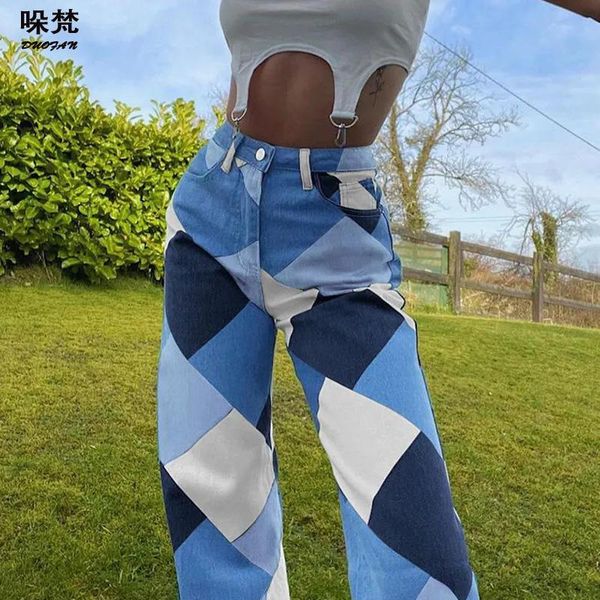

women's jeans duofan patchwork straight baggy 90s vintage high waist y2k boyfriend denim streetwear 2021 female wide leg pants, Blue