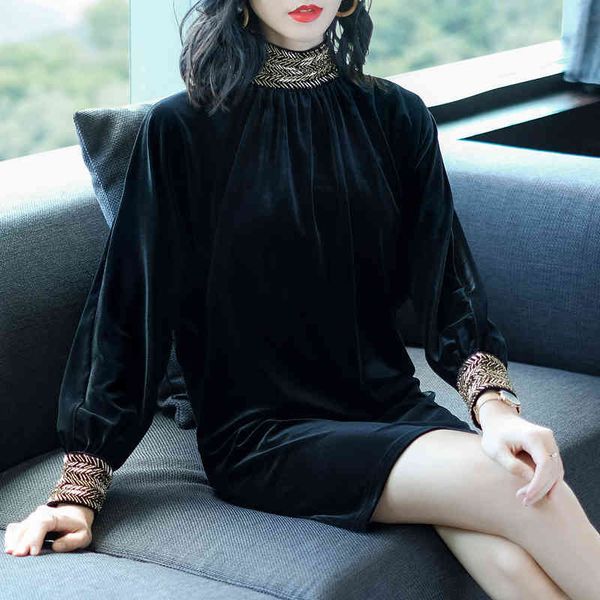 

dresses winter runway black turtleneck veet women beading long batwing sleeve pencil vintage plus size party clothing, Black;gray