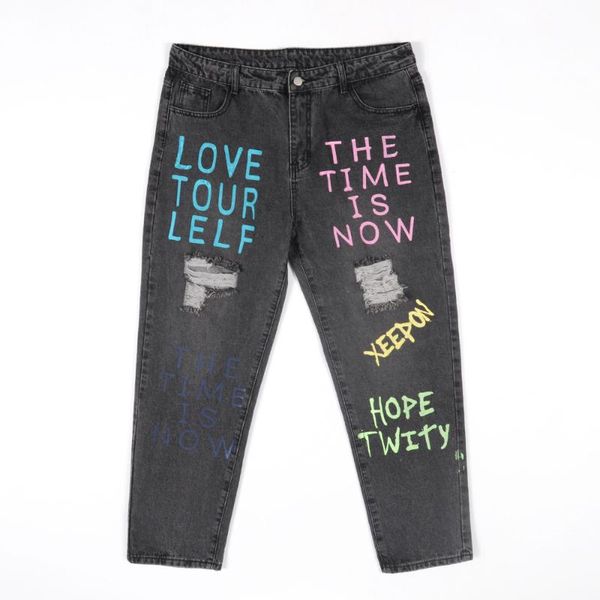 

plus size pants autumn winter jeans woman letter graffiti offset printing distressed denim for ladies tight high-waist nine jean, Black