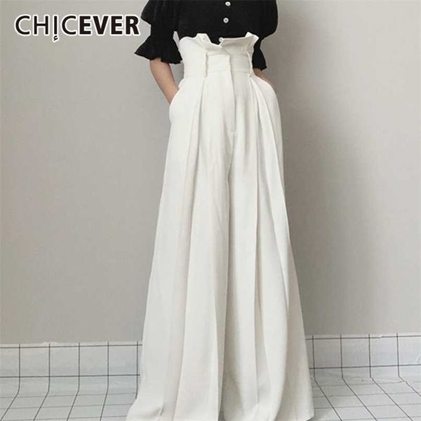 

chicever solid trouser for women full length high waist pleated loose plus size ruffles wide leg pant female autumn clothes 211216, Black;white