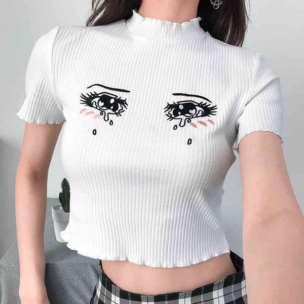 

polo female short fashion from cartoon eyes embroidered t shirt rib half turtleneck tshirt streetwear harajuku, White