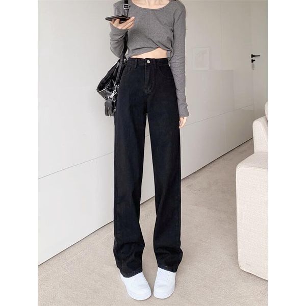 

women's jeans high waist loose women 2021 autumn winter straight black plus size wide leg clothing casual fashion pants, Blue