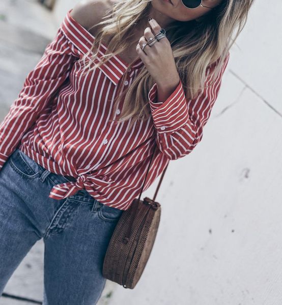 

casual long sleeve women stripe printed blouse shirts off shoulder female 2021 fashion autumn front tie blusas women's blouses &, White