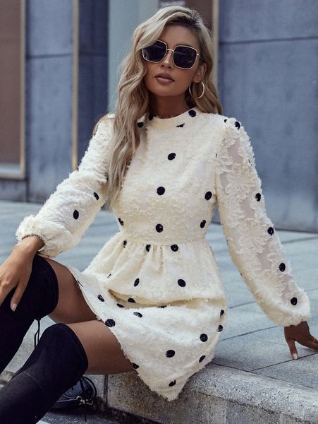 

polka dot print lantern sleeve fuzzy dress v9el#, Black;gray