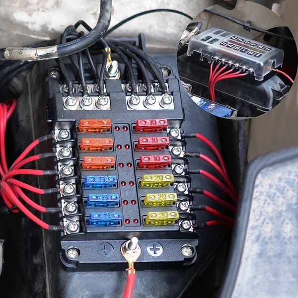 

12 way 12v blade fuses block 12circuit atc/ato fuse box holder with led indicator waterpoof cover