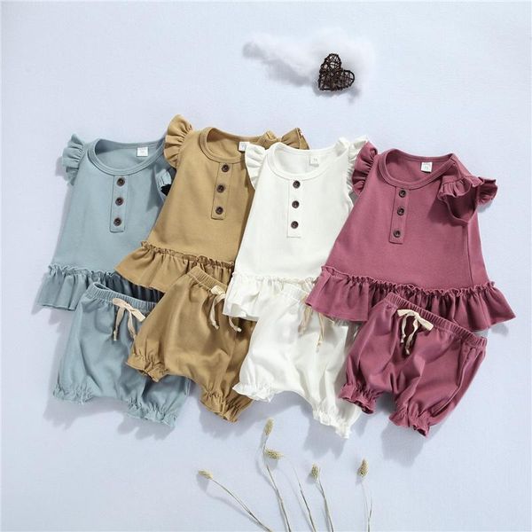 

clothing sets 2pcs born baby girls flying sleeve t-shirt+shorts,infant girl ruffle decoration elastic waist solid color summer clothes, White