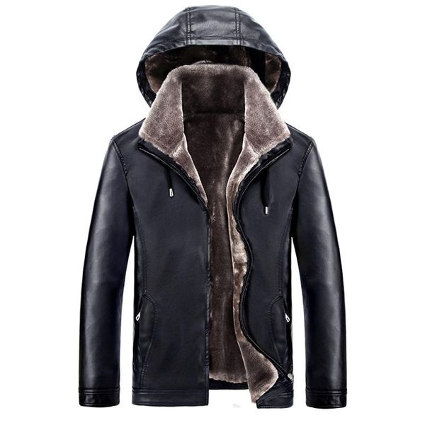 

men's fur & faux 2021 casual velet lining winter mens leather jacket, Black