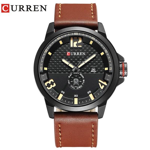 

wristwatches curren brand 2021 fashion casual quartz wristwatch men leather strap round calendar week relogio masculino 8253, Slivery;brown