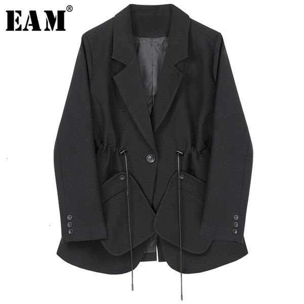 

[eam] women black drawstring temperament blazer lapel long sleeve loose fit jacket fashion spring autumn 1h792 211122, White;black