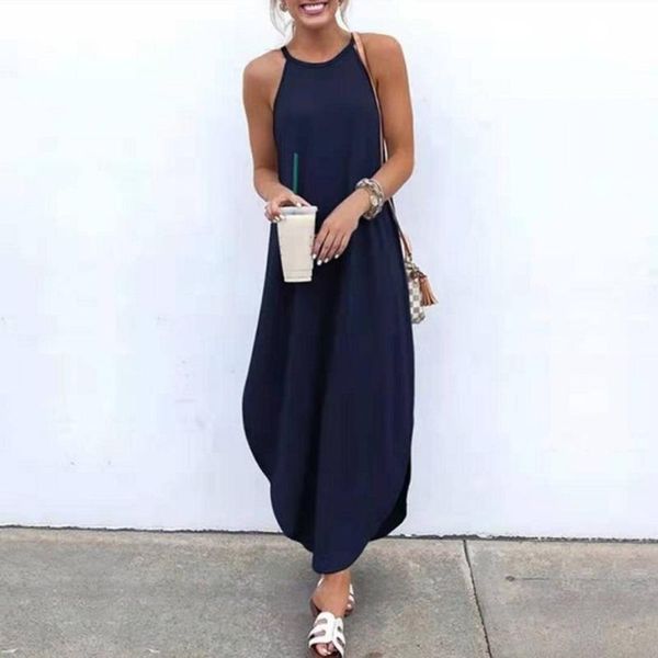 

casual dresses women sleeveless dress summer 2021 retro halter solid beach long round neck sling fashion clothes, Black;gray