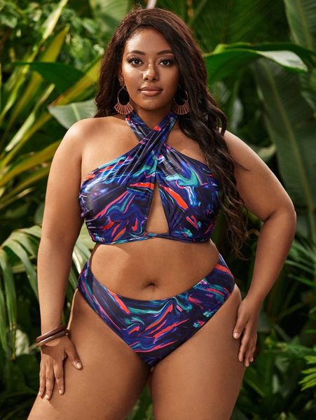 

plus fluid pattern criss cross bikini swimsuit y4do#, Black