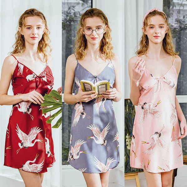 

pajamas silk pajamas women's summer crane ice silk suspender nightgown dq1011 homewear for girls, Black;red