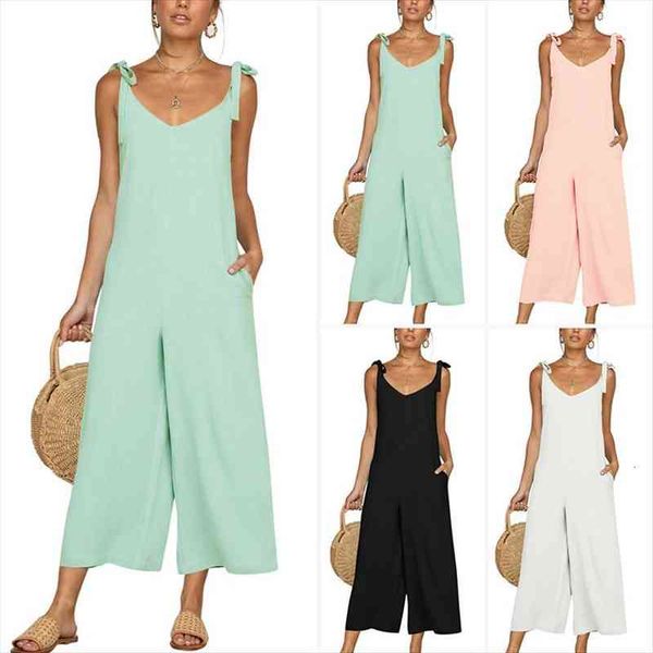 

summer casual women jumpsuits sleeveless bandage v-neck loose straight jumpsuit backless black white wide legs women romper