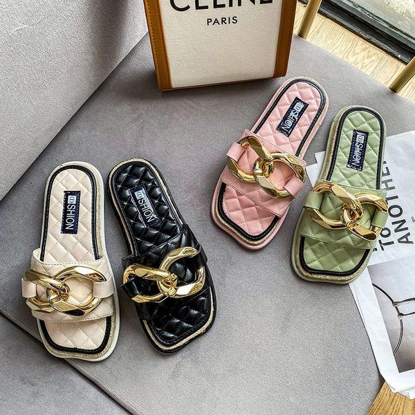 

slippers womens 2021 summer transparent chain luxury square head flat heel female plus size outdoor beach comfortable sandals, Black