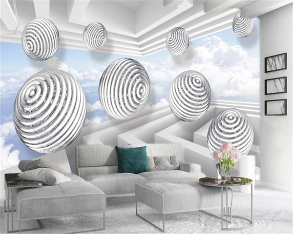

wallpapers 3d wallpaper living room extended space silver floating ball blue sky white clouds beautiful scenery silk mural