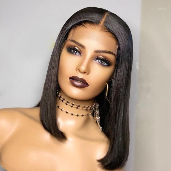 

13x4 short bob wig 200% density lace front human hair wigs 100% brazilian remy for woman pre plucked bleached knots1, Black;brown