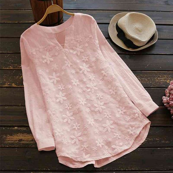 

embroidery blouse women plus size tunic spring autumn casual v neck women blouses long sleeve pink blouse, White