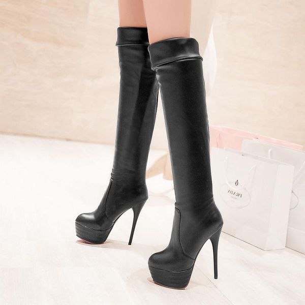 

boots 2021 over the knee slip-on platform shoes female pu leather high heels women's thigh fashion big size, Black