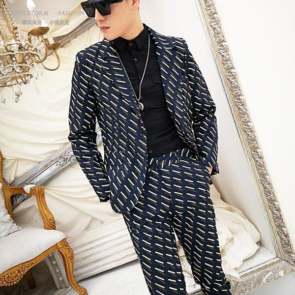 

men's suits & blazers male fashion print blazer jacket suit coat stage show singer dj costumes customized men slim fit sets 2pcs (jacke, White;black