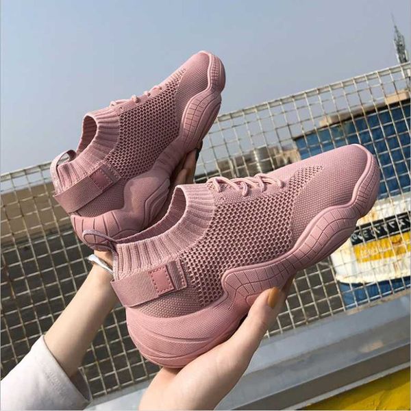 

spring white platform sneakers women casual shoes korean breathable knitting sock ladies pink lace up 2021