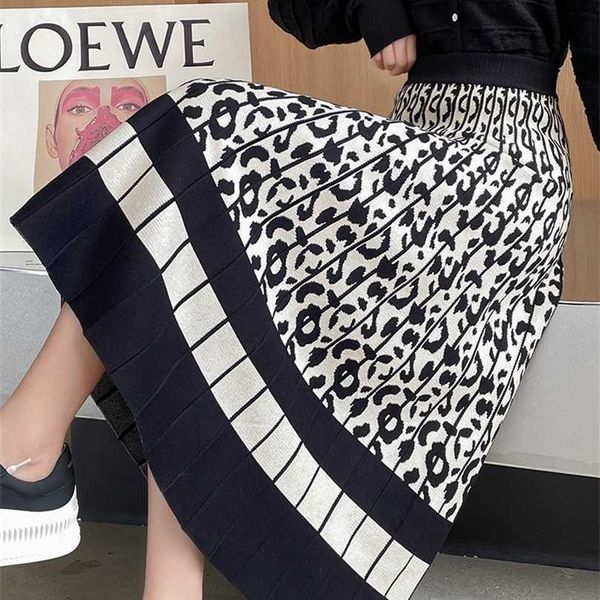 

tigena elegant leopard print knitted skirt women autumn winter korean a line high waist pleated midi long female lady 211112, Black