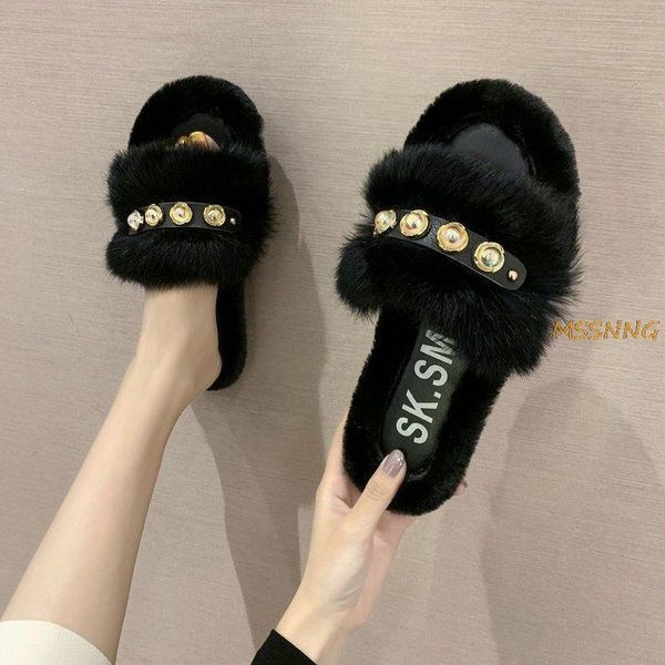 

summer fur slippers women slides furry flat peep toe casual comfortable outdoor ladies shoes, Black