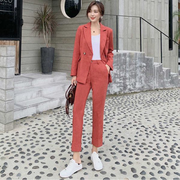 

fashion slim women's suits office pants set autumn retro full sleeve jacket suit female casual trousers two-piece 210527, White