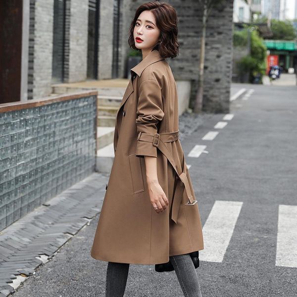 

women's trench coats 2021 spring khaki windbreaker coat middle length over knee fashion british wind waist, Tan;black