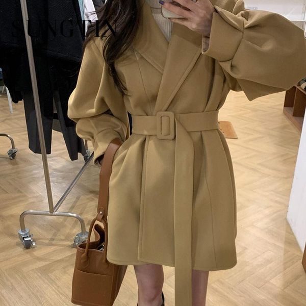 

women's wool & blends sungtin vintage loose woolen coat women with belt korean elegant casual thick warm jacket female overcoat sashes, Black